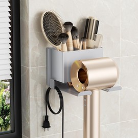 BOIVSHI Hair Dryer Holder Wall Mounted - Metal Hair Dryer Holder for Bathroom, Heavy Duty Blow Dryer Holder for Salon & Home, Self Adhesive or Screw Installation, Gray