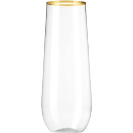 Munfix 12 Pack Stemless Plastic Champagne Flutes, Disposable 9 Oz Gold Rim Clear Plastic Toasting Glasses Shatterproof Recyclable and BPA-Free