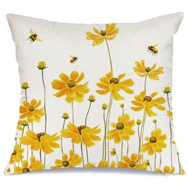 AACORS Spring Pillow Cover 18X18 Inch Daisy Bee Decorations Farmhouse Seasonal Summer Pillow Case Decor for Sofa Couch （Yellow）