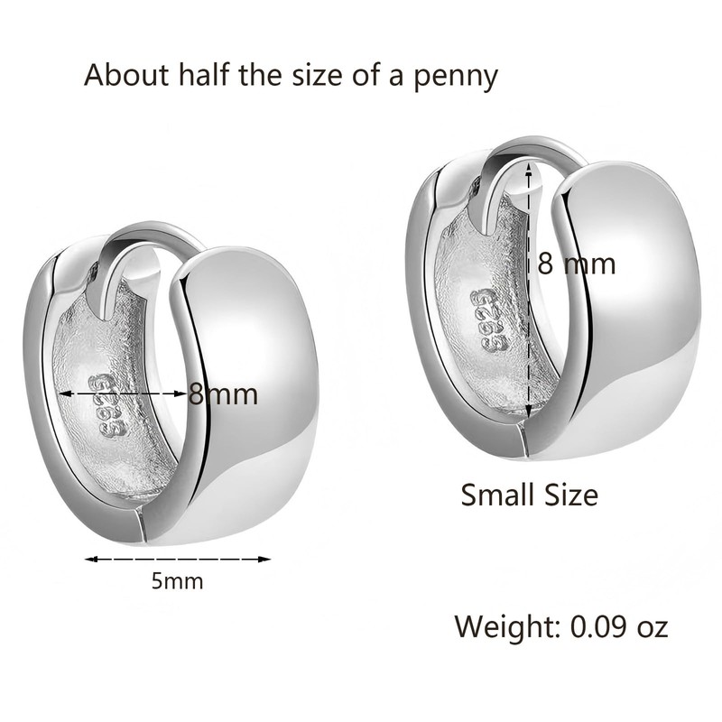 Italian Sterling Silver Hoop Huggie Earrings for Men, Wide Shiny