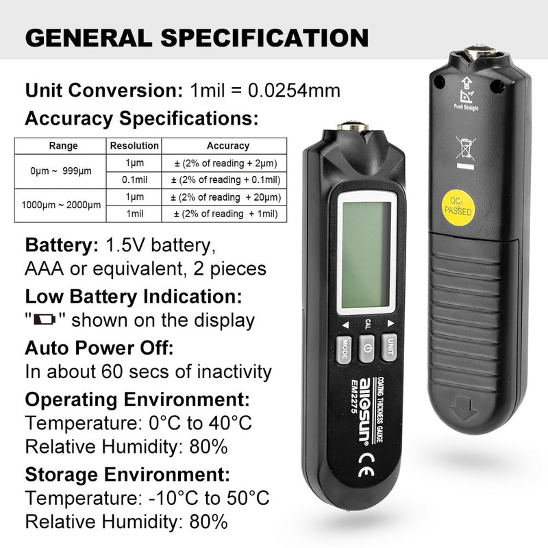 allsun Digital Paint Thickness Tester Car Paint Depth Gauge Meter