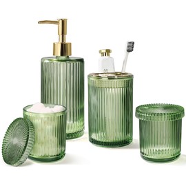 Green Glass Bathroom Accessories 4 Pcs, Green Bathroom Set, Green Soap Dispenser and Toothbrush Holder Set, Qtip Holder Set, Vintage Green Bathroom Sink Set, Cute Bathroom Decor
