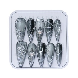 CAMILCY Press on Nails Handmade Nails Luxury Reusable Fake Nails For Girls Long Almond Armor Tip Grey Silver Diamonds Hand Painted Salon Loveful Design Acrylic Gel UV Finished 3D Nails 10PCS (B07, L)