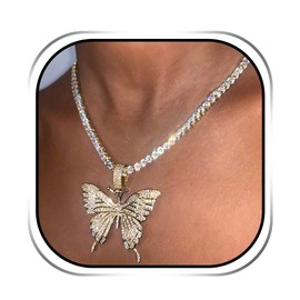 EARENT Rhinestone Butterfly Choker Necklace Crystal Butterfly Pendant Necklaces Chain Sparkly Neck Jewelry for Women (B-Gold)