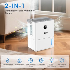 BNTET 2-in-1 Dehumidifier and Humidifier Combo, 68 oz Tank with Auto Shutoff, Smart Humidity Control, 30-Second Rapid Dehumidification, 12H Timer, 7-Color LED Light for Home Use