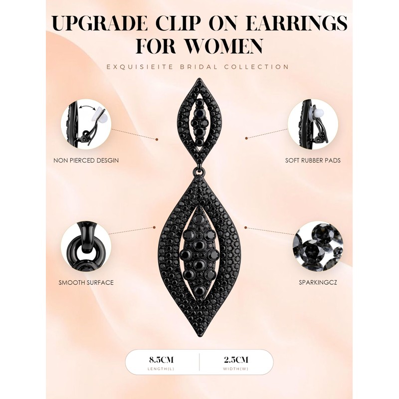 THUNARAZ Clip on Earrings for Women Glitter Rhinestone Crysta Black