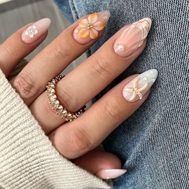Summer Press On Nails Medium French Tip Fake Nails Almond Nails Press Ons With Sea Star Pearl Deisgns 3D Flower False Nails Artificial Acrylic Nails Full Cover Spring Stick On Nails For Women