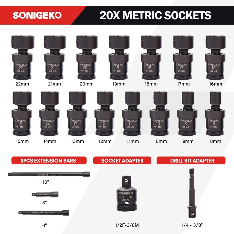 SONIGEKO 3/8" Drive Impact Swivel Socket Set, 20 Piece Swivel