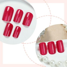 24 Pcs Red Cats Eyes Press on Nails Short Square False Nails Glitter Designs Glossy Fake Nails Full Cover Bling Acrylic Nails Stick on Nails for Women Nails Manicure Decoration