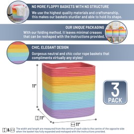 NaturalCozy Storage Cubes 11 Inch Cotton Rope Woven Baskets for Organizing, 3-Pack | Cube Storage Bin | Square Storage Baskets for Shelves Organizer, Classroom, Kids Toy Bins, Closet, Baby Nursery