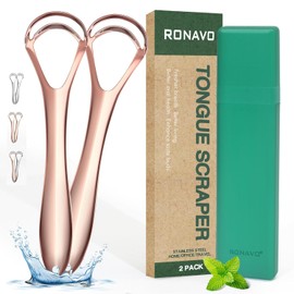 RONAVO - Rascador de lengua con doble cabezal de raspado, limpiador de lengua para adultos y niños, lucha contra el mal aliento, raspador de lengua de metal con estuche de viaje, oro rosa, paquete de