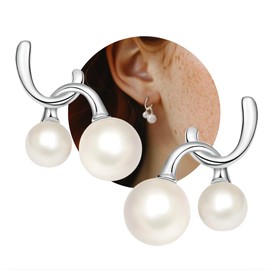 Noir Horse Double Pearls Stud Earrings - Dainty White Gold Plated 925 Sterling Silver Dangle, 8mm and 6mm White Round Pearls Drop, Wedding Jewelry for Brides Bridesmaid
