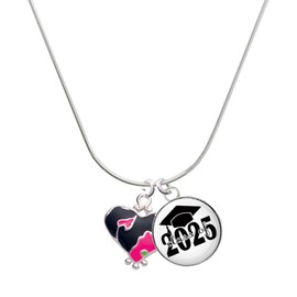 Delight Jewelry Silvertone Hot Pink Large Cheetah Print Heart Script Class of 2025 Dome Charm Necklace, 18"