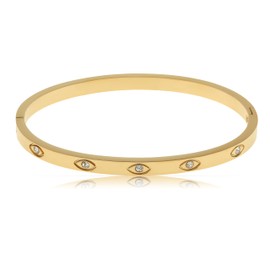 Made by Nami Women's Gold Bangle with Engraved Evil Eye and Surgical Stainless Steel Gemstones 5.8 cm Gold Bangle with Nazar Boncuk Waterproof Jewellery Gift for Her, One size, Stainless Steel, No