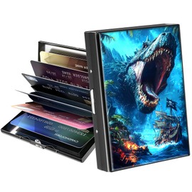 ACWDMKH Metal Wallet,Credit Card Holder for Women Men,RFID Blocking Card Holder Mini Slim Aluminum Wallet ID Case Hard Case Business Card Holder Case,Blue Glitter Dinosaur