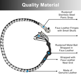 Dream Apparel 36" Motorcycle Get Back Whip Genuine Leather Biker Whip for Handlebar, Motorcycle Whip with Fringes and Skulls, Black and Silver