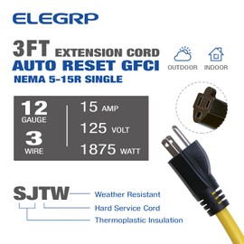 ELEGRP 15 Amp Auto Reset Inline GFCI Extension Cord 3ft 12/3 SJTW Heavy Duty Yellow Cable 3 Wires 3 Prongs Grounded Plug with Single Electrical Power Outlets, UL Listed