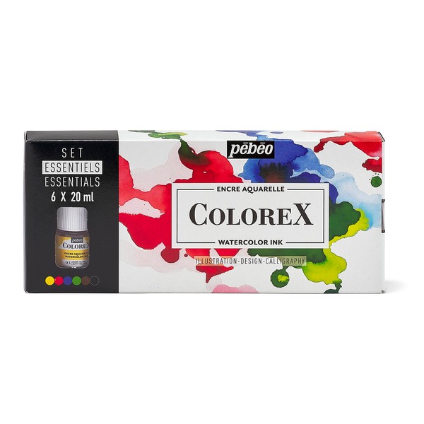Pebeo - Colorex Confezione da 6 flaconi assortiti da 20 ml - Kit per disegno e illustrazione manga Pebeo Colorex - L'inchiostro per acquerello essenziale di Colorex Pebeo Colori essenziali