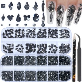 DZHILHMX Nail Rhinestones - 3D Multi Shape Size, Flat Back, Crystals Manicure Rhinestones Charms, Transparent Gray Nail Gems, with Kit, for Nail Art, Bedazzling Acrylic Nails, DIY Decor