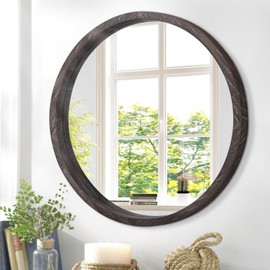 JJUUYOU Circle Wall Mirror 16 Inch Round Wall Mirror for Bathroom, Farmhouse Brown Circular Mirror Washroom Wall Decor Wood Frame Mirror for Living Room, Bedroom, Dorm Decorative