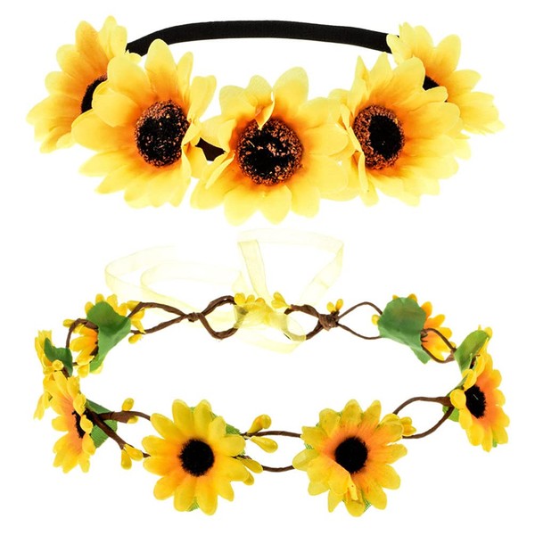 Minkissy 2pcs Sunflower Crown Daisy Flower Headband Floral Headpiece Bridal Halo Photo Prop for Wedding Festival Party
