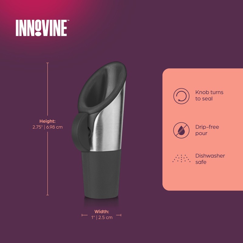 Innovine Wine Pourer and Stopper, Drip-Free Stainless Steel and Silicone