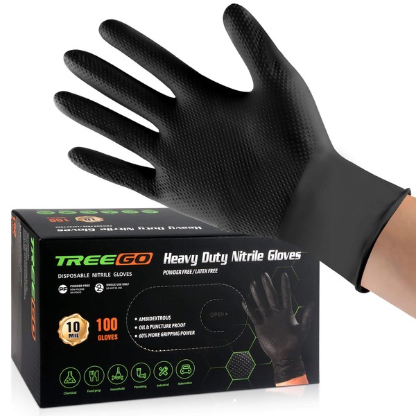 TREEGO 10 Mil Black Nitrile Gloves 100 - XL, Heavy