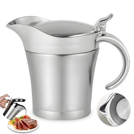 GOEDCH Stainless Steel Thermal Gravy Boat 450 ml: Double Insulated Sauce Jug with Hinged Lid and Handle, Elegant Silver Sauce Jug Double Walled Sauce Jug for Serving Sauce, Vanilla Sauce, Cream