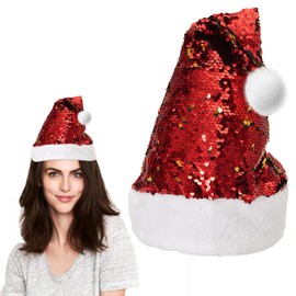 WINKIO Santa Hat, Sparkly Christmas Hat for Adults Kids, Luxury Plush Xmas Hat with a Pompom for Christmas Fancy Dress New Year Festive Party Supplies