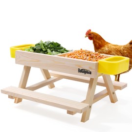 Boulphia Chicken Feeders and Waterers, Chicken Feeder No Waste Kit with Picnic Table and 2 Water Feeder, Handmade Wooden Chicken Supplies & Accessories for Chicken Coop
