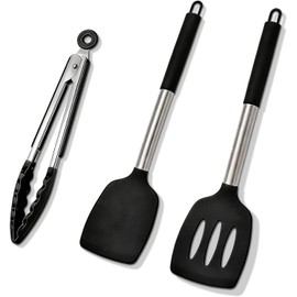 Resistente al Calor Palas de Silicona para Cocina, Sólido y lou'shao Silicona palas de Cocina, Sartén Antiadherente, Viene con una Pinza para Alimentos Anti Escaldaduras para Sartenes, ETC