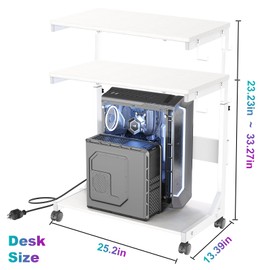Height Adjustable Computer Tower Stand with Charge Station and USB Charging Port, 2-Tier ATX-Case Cart, Under Desk Mobile PC Stand, CPU Holder Cart with Locking Caster Wheels for Fits Most PC
