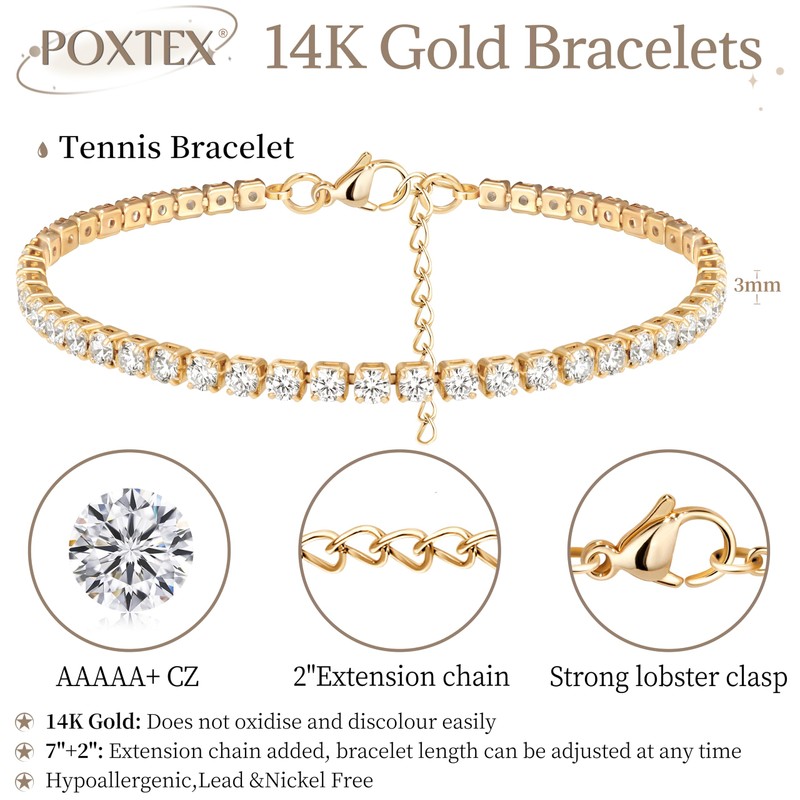 3mm Diamond Classic Tennis Bracelet for Women Dainty, Gold Plated