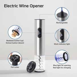 ELMWAY Electric Wine Opener, Rechargeable Stainless Steel Wine Bottle Opener with Foil Cutter and LED Indicator, Cordless Wine Corkscrew Remover, Automatic Wine Opener Gifts (Silver)