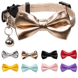 Gyapet Cat Collar Safety with Bow Bell PU Leather Soft Party Wedding Sparkling Solid Colors Kitten Gold