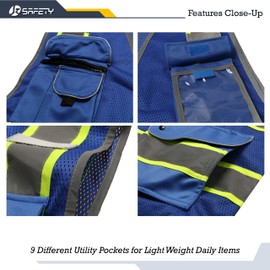 JKSafety 9 Pockets High Visibility Zipper Front MESH Blue Safety Vest | Blue with Dual Tone High Reflective Strips | ANSI/ISEA Standards (100-Blue, XXL)