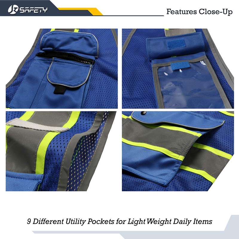 JKSafety 9 Pockets High Visibility Zipper Front MESH Blue Safety