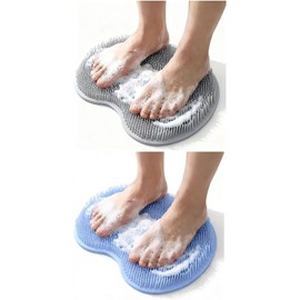 Shower Foot Scrubber Mat, Blue TPR, 11.81 x 8.66 Inches, with Non-Slip Suction Cups, Exfoliating Massage Pad for Feet & Back (Gray+Blue)