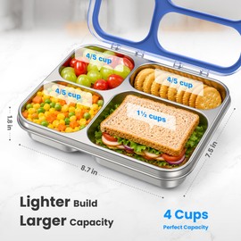 HOMEKOL Stainless Steel Bento Lunch Box: 4-Compartment Leak-Proof Lunch Container for Kids & Adults, BPA/BPS-Free 304 Metal Food Box, Dishwasher Safe, Clear Tritan Lid, 4 Cups, Blue (Not Insulated)