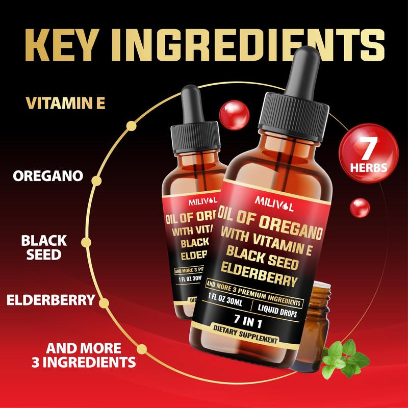 MILIVOL 7in1 Liquid Oregano Drops with Black Seed, Elderberry, Turmeric,