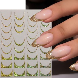 8 Sheets French Tip Nail Art Stickers 3D Self-Adhesive Gold Laser Stripes French Line Transfer Decals Curved Lines Nail Art Designs Glitter Guides Stripe Manicure Accessories for Women DIY Nail Decor