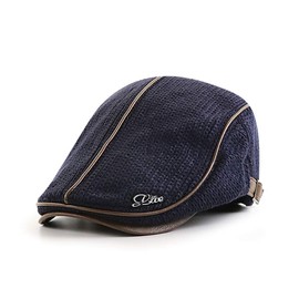Elwow Men's Winter PU Leather Front Cotton Kint Driving Flat Cap Duckbill Ivy Irish Cap Newsboy Cabbie Scally Beret Cap Newsboy Hat with Weave Decorate (Blue)