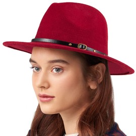 LADYBRO - Sombreros Fedora para mujer, sombrero de ala ancha, incluye 3 cinturones decorativos, fieltro de lana, 58 cm ajustable Fedora lana rojo vino