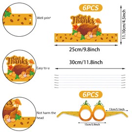 Pack of 12 Thanksgiving Headbands for Thanksgiving Decorations, Cartoon Funny 6 Paper Hats and 6 Glasses, Thanksgiving Turkey Headbands for Thanksgiving Dinner Decor Thanksgiving Supplies