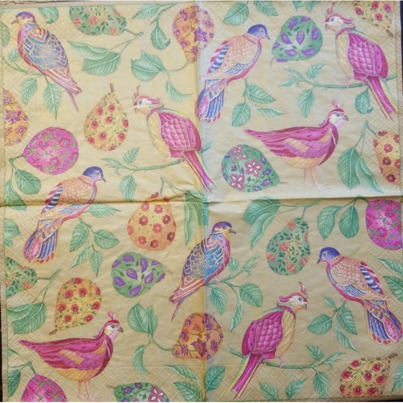 TWO Individual Napkins Birds Pears Gold Lunch for Decoupage (121