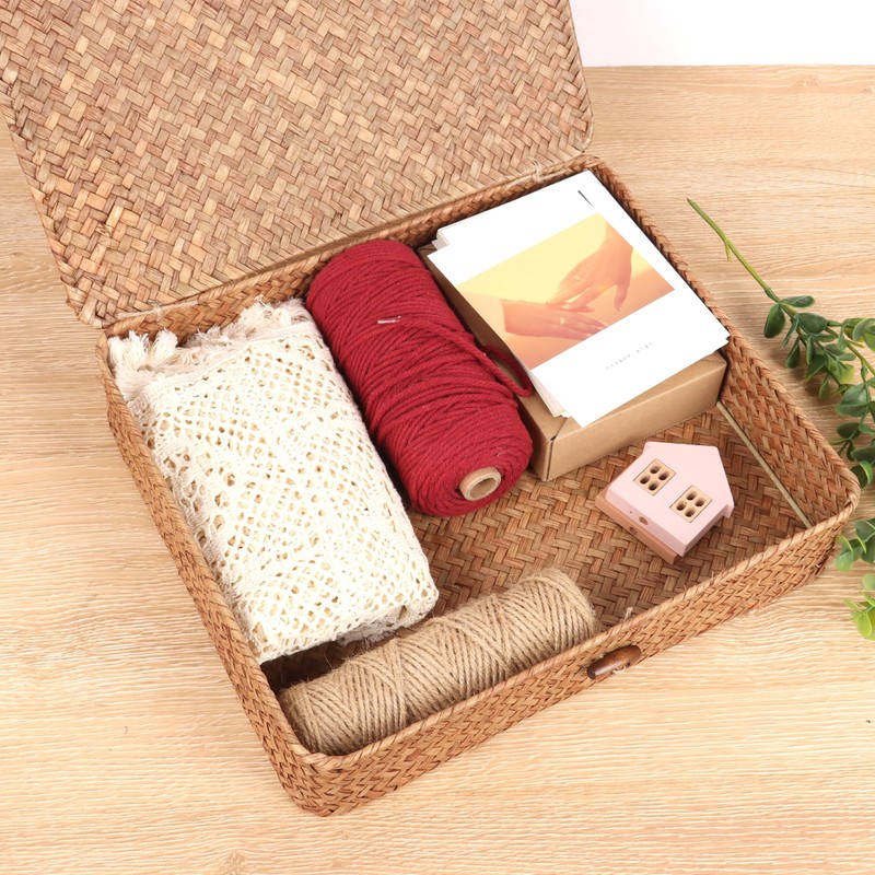 Moosky Flat Wicker Shelf Baskets with Lid, Handwoven Seagrass Basket