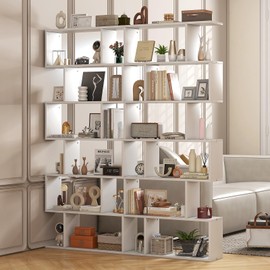 SILKYDRY 6-Tier Geometric Bookshelf, S-Shaped Book Shelf, Freestanding Room Divider Bookcase, 75-inch Vertical Staggered Bookshelf, Modern Decorative Display Shelf for Home Office (2, White)