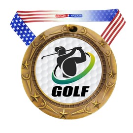 Decade Awards Golf Medal - Gold | 1st Place Golf Tournament Medal 3 Inch Wide with Stars and Stripes Neck Ribbon - Customize Now (Gold-SSNB)