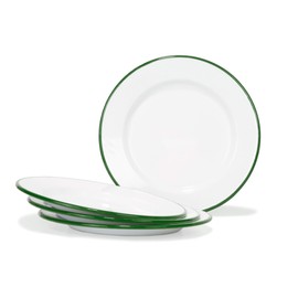 Red Co. Set of 4 Enamelware Metal Classic 10" Round Dinner Plate, Solid White/Dark Green Rim