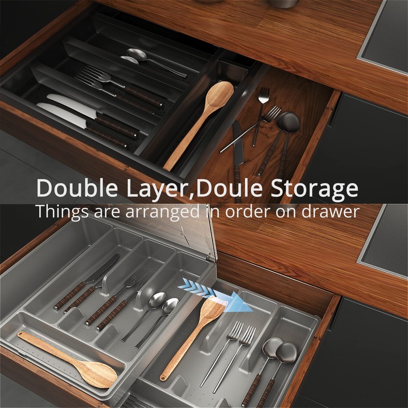 Kurberson Double Layer Silverware Organizer with Lid, Utensil Holder with